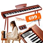 V-TONE BL-130 pianino cyfrowe czteronożne brązowe wolnostojące 88 klawiszy Bluetooth MIDI pulpit do nut 3 pedały pianinowe zasilanie sieciowe głośniki 3x wyjście słuchawkowe wejście audio zestaw