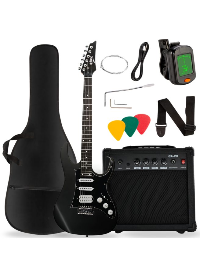 V-TONE EGA 39 MBK gitara elektryczna 4/4 stratocaster 39" HSS wzmacniacz pokrowiec pasek przewód jack-jack tuner kostki do gry struny ramię tremolo klucze imbusowe zestaw