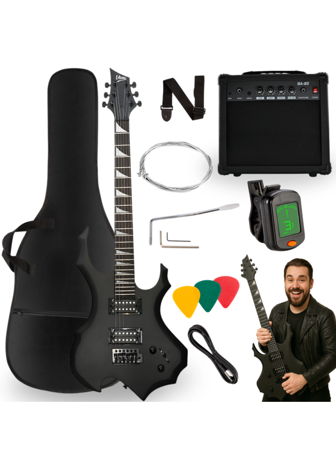 V-TONE EGS 39 MBK gitara elektryczna 4/4 czarny mat 39" HH wzmacniacz pokrowiec pasek przewód jack-jack tuner kostki do gry struny ramię tremolo klucze imbusowe zestaw