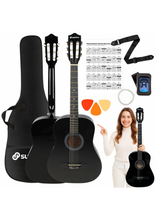SUPRIMO CGS3 BK gitara klasyczna 4/4 czarna do nauki dla początkujących tuner kostki pasek zapasowe struny pokrowiec akordy zestaw