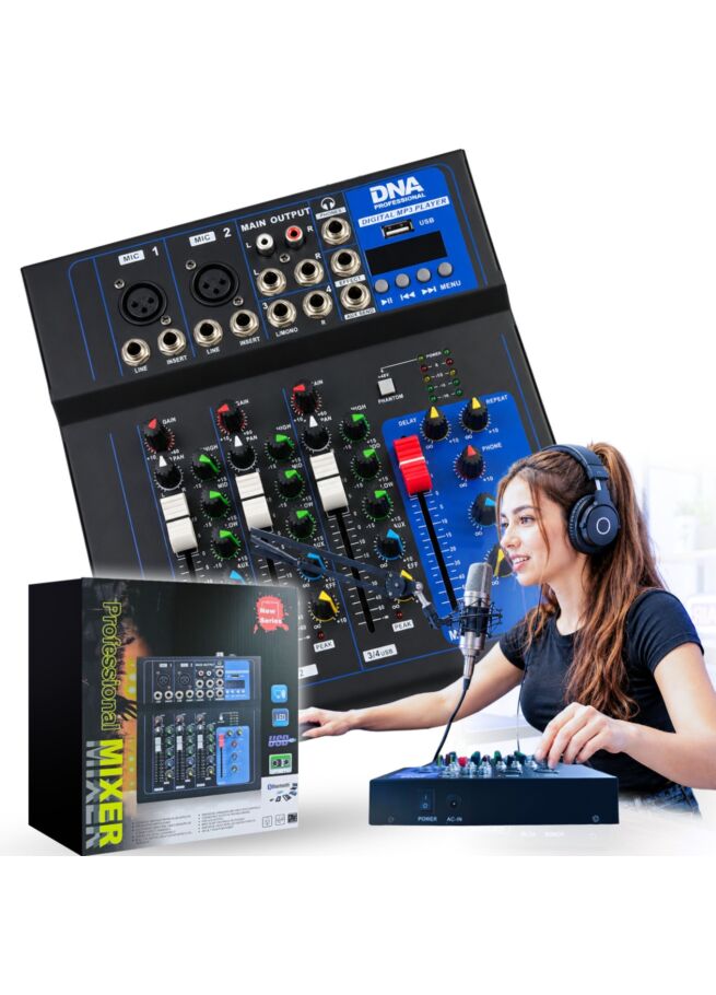 DNA T4MIX analogowy mikser dźwięku 4-kanałowy Bluetooth EQ odtwarzacz MP3 nagrywanie USB Phantom +48V efekt pogłosu zasilanie sieciowe