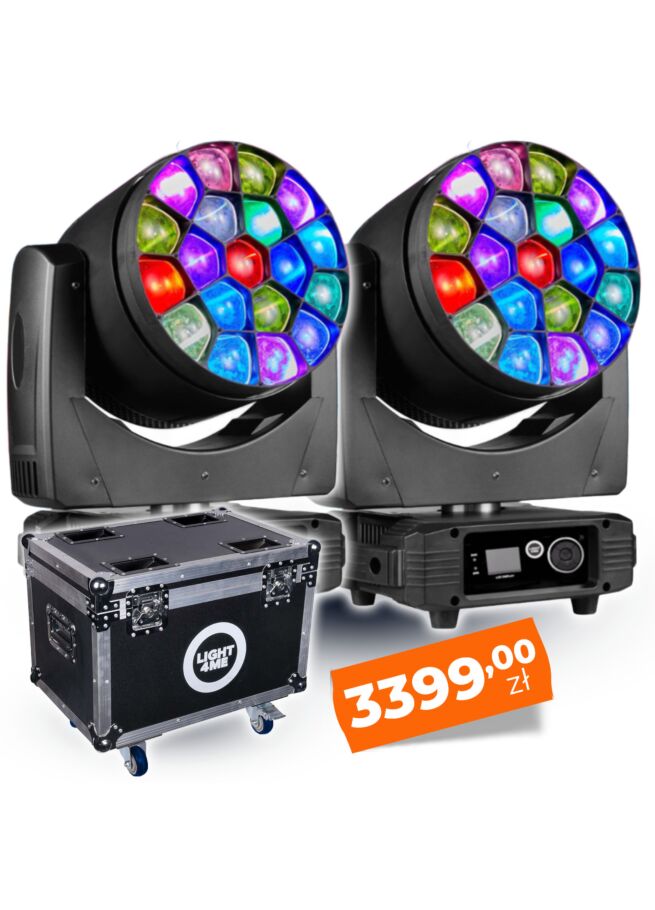 ZESTAW 2X LIGHT4ME GALAXY MKII głowica ruchoma LED wash oświetlenie sceniczne 19x15W LED RGBW + LIGHT4ME GALAXY MKII CASE skrzynia transportowa na 2 głowice ruchome