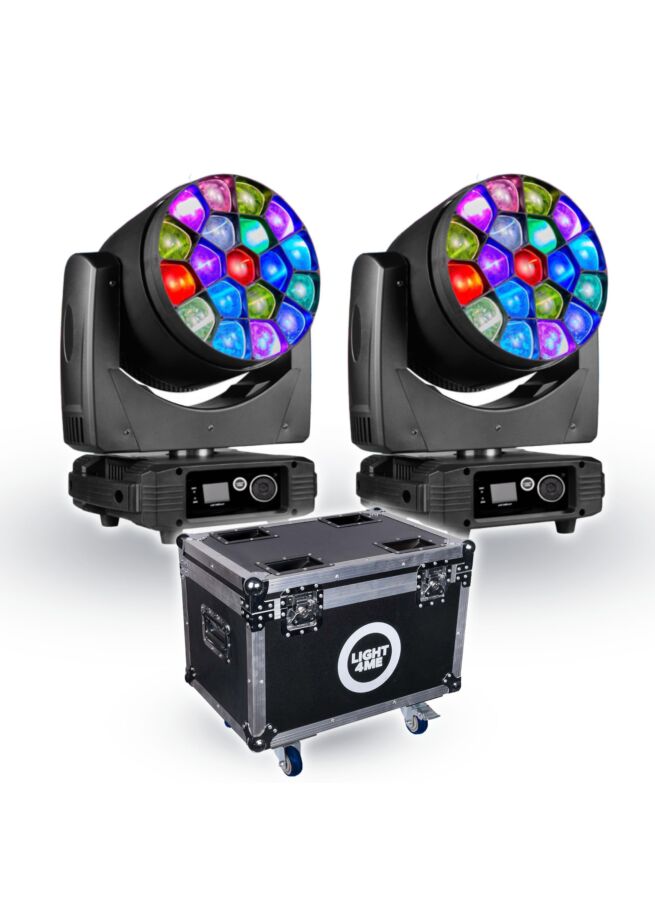 SET 2X LIGHT4ME GALAXY MKII LED Moving Head Wash Stage Lighting 19x15W RGBW LEDs + LIGHT4ME GALAXY MKII CASE Transport Case for 2 Moving Heads