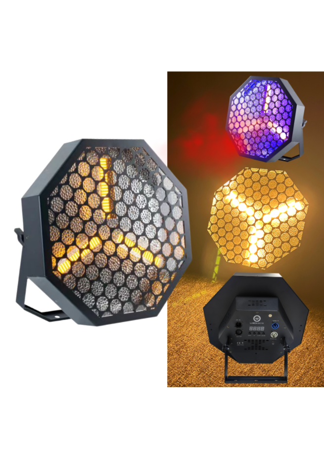 LIGHT4ME LUMEN OCTO reflektor sceniczny LED retro oświetlenie vintage 3x60W WW COB ciepła biel + efekt tła 48x0,3W RGB