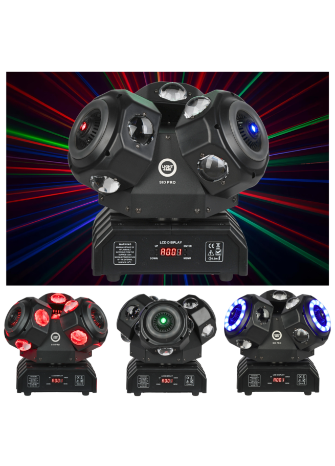 LIGHT4ME SID PRO ruchomy multiefekt świetlny 5w1 oświetlenie sceniczne LED DMX beam ring laser R/G/B 12x10W RGBW LED+36x0,2W RGB SMD 5050 LED uchwyt montażowy