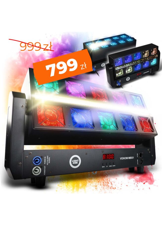 LIGHT4ME VENOM MBS1 ruchomy efekt oświetleniowy oświetlenie sceniczne stroboskop LED DMX efekt Beam 10x25W RGBW + efekt Glaze 160x0,4W RGBA SMD 5050 + efekt Cool White 96x0,5W CW SMD 7070 LED uchwyt montażowy omega