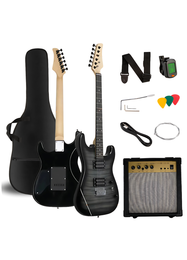 V-TONE EGW 39 GY gitara elektryczna 4/4 stratocaster 39" HH wzmacniacz pokrowiec pasek przewód jack-jack tuner kostki do gry struny ramię tremolo klucze imbusowe zestaw