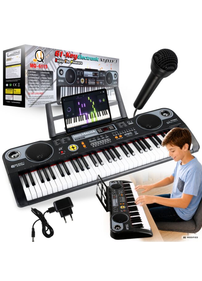 MQ 6115 keyboard elektroniczny edukacyjny przenośny czarny 61 klawiszy dla dzieci do nauki gry pulpit do nut mikrofon przewodowy głośniki stereo wyjście słuchawkowe zestaw