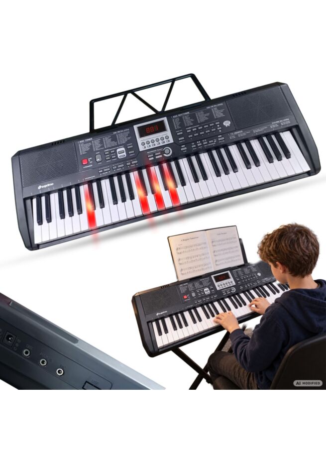 SUPRIMO EK61L keyboard elektroniczny edukacyjny przenośny 61 podświetlanych klawiszy pulpit do nut mikrofon naklejki głośniki wyjście słuchawkowe