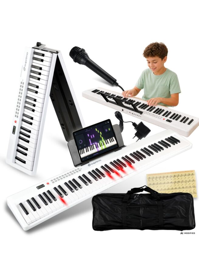 SUPRIMO FP-887 WH pianino cyfrowe przenośne składane białe 88 dynamicznych podświetlanych klawiszy Bluetooth MP3 mikrofon pulpit do nut torba transportowa naklejki edukacyjne zestaw