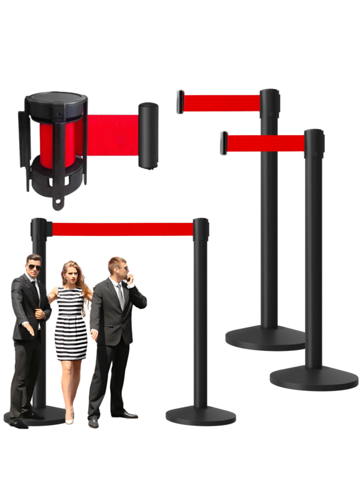 SUPRIMO RCB 1 solidny czarny słupek odgradzający zestaw 2 szt. czerwona taśma barierka kolejkowa VIP