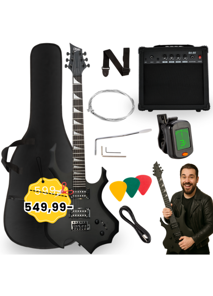 V-TONE EGS 39 MBK gitara elektryczna 4/4 czarny mat 39" HH wzmacniacz pokrowiec pasek przewód jack-jack tuner kostki do gry struny ramię tremolo klucze imbusowe zestaw