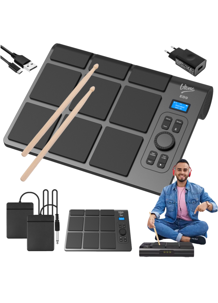 V-TONE ED9 perkusja elektroniczna bateryjna przenośna USB-C Bluetooth 9 padów pałeczki pedały wbudowane głośniki 2x5W zestaw