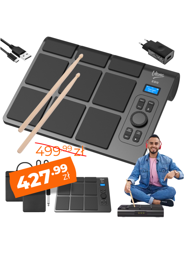 V-TONE ED9 perkusja elektroniczna bateryjna przenośna USB-C Bluetooth 9 padów pałeczki pedały wbudowane głośniki 2x5W zestaw