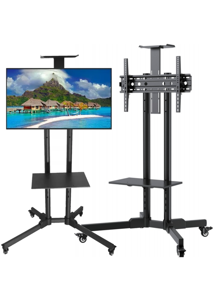 DNA TV STAND statyw podłogowy czarny stalowy uchwyt do telewizora 32-70 cali półka górna dolna kółka do 50 kg