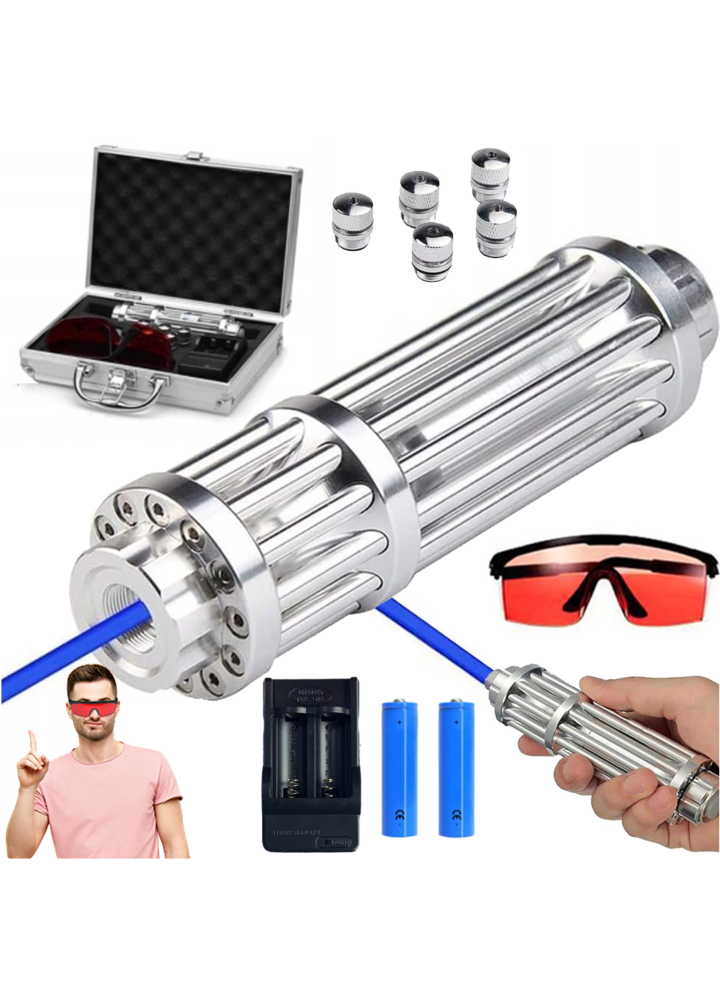 LIGHT4ME LASER PIN 2000mW mocny wskaźnik laserowy akumulatorowy laser niebieski 450 nm 5 wymiennych głowic ładowarka okulary ochronne case zestaw