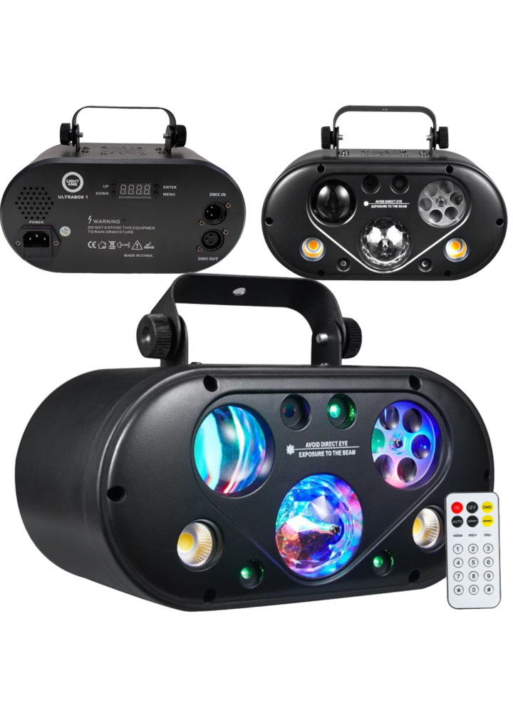 LIGHT4ME ULTRABOX 1 multiefekt świetlny LED RGBA 6w1 efekt gobo magic ball water wave złoty stroboskop laser oświetlenie dyskotekowe DJ
