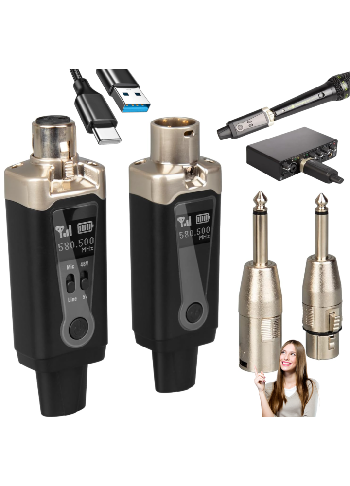 DNA WXLR1 bezprzewodowy system transmisji audio UHF nadajnik odbiornik USB-C +48V Phantom 2x adapter XLR/jack 6,35 mm zestaw