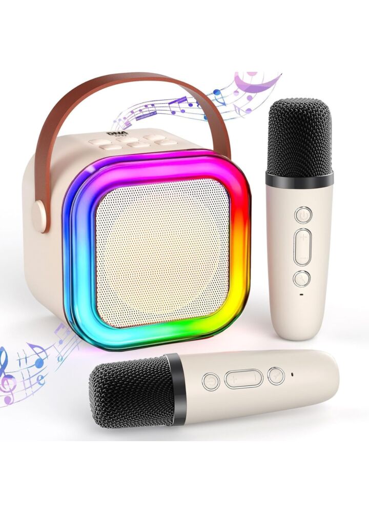 DNA KPS2 BG bezprzewodowy przenośny zestaw karaoke beżowy głośnik 2x mikrofon RGB USB microSD AUX MP3 5W