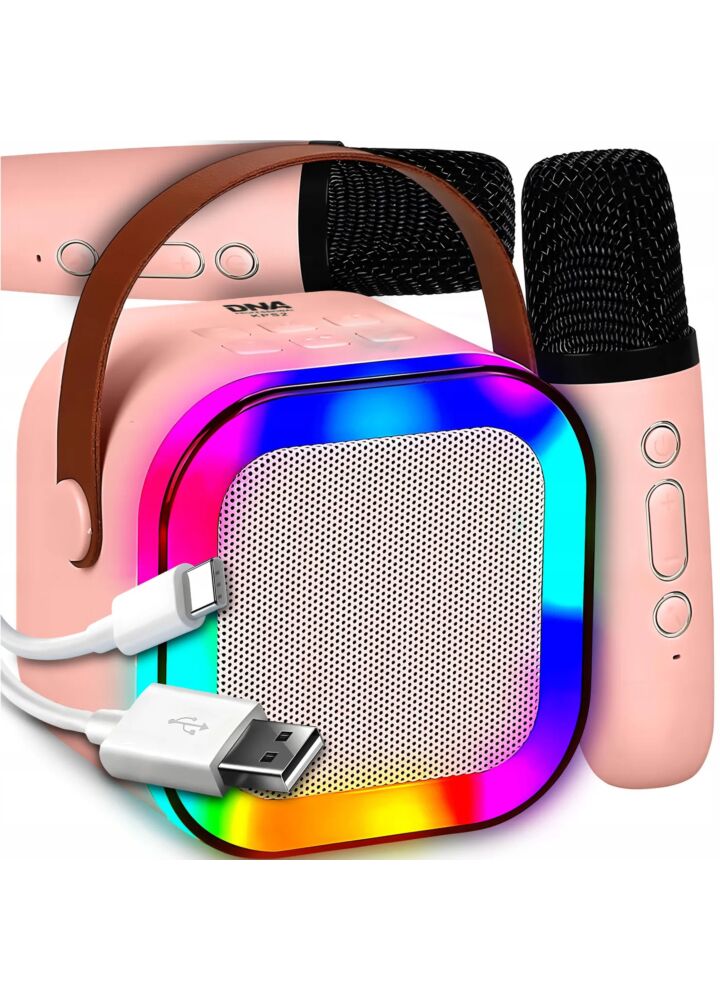 DNA KPS2 PK bezprzewodowy przenośny zestaw karaoke różowy głośnik 2x mikrofon RGB USB microSD AUX MP3 5W