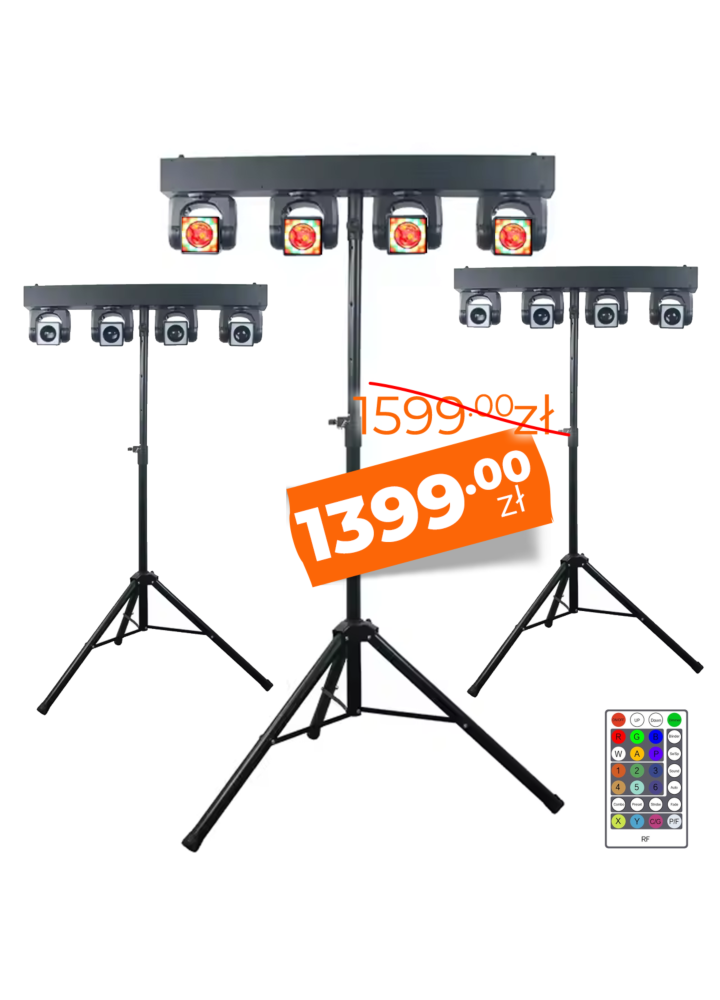 LIGHT4ME MT BAR 2 zestaw oświetleniowy multiefekt świetlny 4x głowica ruchoma beam 4x40W RGBW LED + efekt ring 96x0,2W RGB LED statyw pilot bezprzewodowy oświetlenie klubowe imprezowe DJ