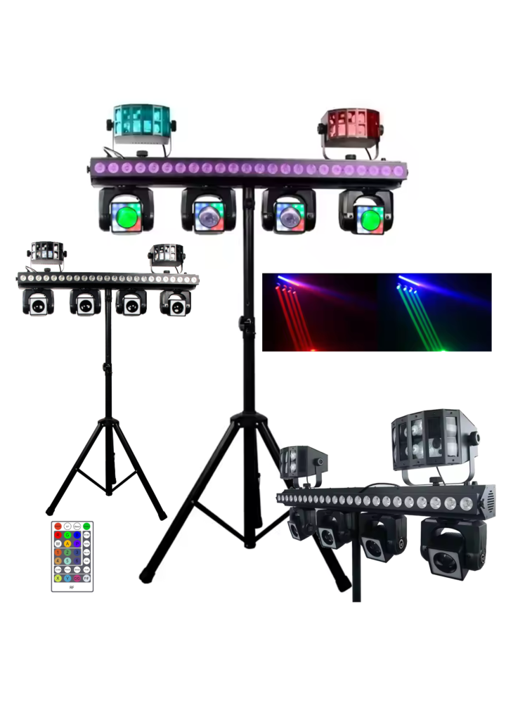 LIGHT4ME MT BAR 3 zestaw oświetleniowy multiefekt świetlny 4w1 4x głowica ruchoma beam 4x40W RGBW LED + efekt ring 96x0,2W RGB LED efekt wash 24x2W RGBW LED efekt derby 4x10W RGBW LED statyw pilot bezprzewodowy oświetlenie imprezowe DJ klubowe