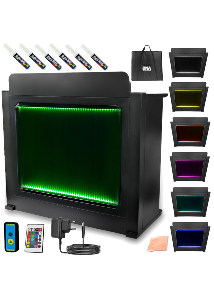 DNA DJ BOOTH XL BK stół stanowisko DJ podświetlana tablica LED RGB pilot długopisy pokrowiec zestaw