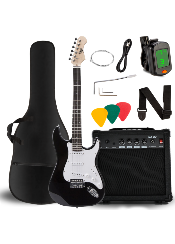 V-TONE EGA 39 BK gitara elektryczna 4/4 stratocaster 39" SSS wzmacniacz pokrowiec pasek przewód jack-jack tuner kostki do gry struny ramię tremolo klucze imbusowe zestaw