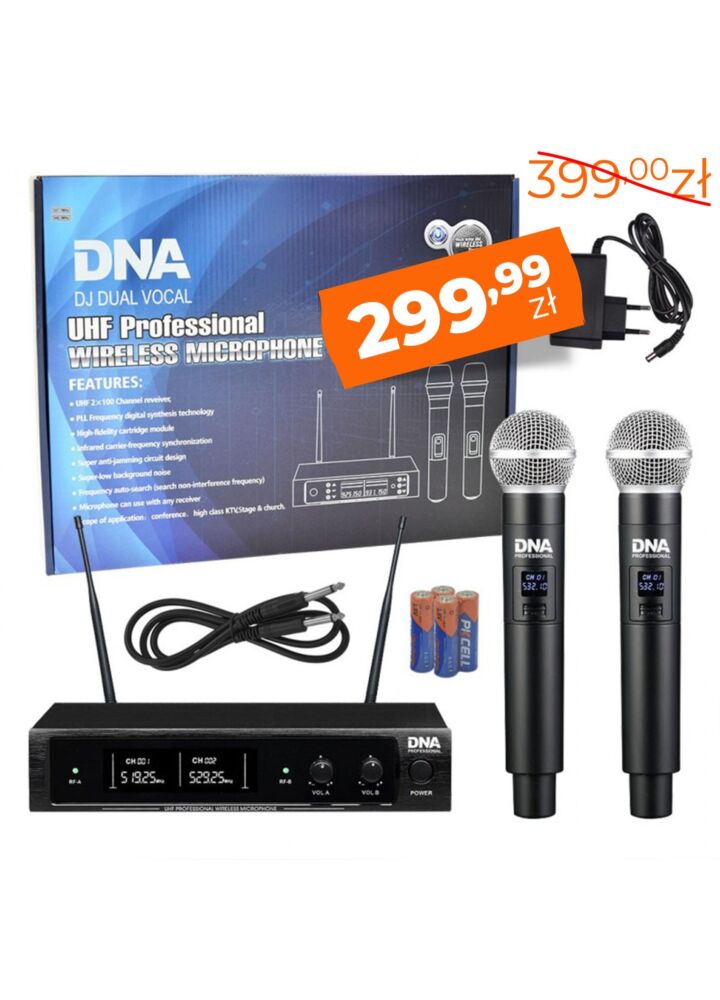 DNA DJ DUAL VOCAL wokalowy mikrofon bezprzewodowy 2x nadajnik doręczny odbiornik system nagłośnienia UHF 518-542 MHz