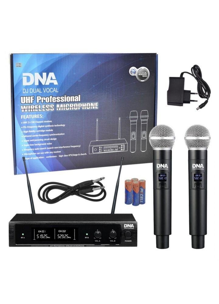 DNA DJ DUAL VOCAL wokalowy mikrofon bezprzewodowy 2x nadajnik doręczny odbiornik system nagłośnienia UHF 518-542 MHz