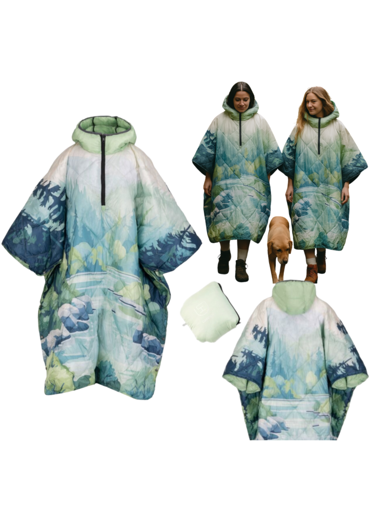 DH Garden Poncho Zielona Rzeka 145x115 cm kurtka płaszcz peleryna z kapturem duża kieszeń na zamek