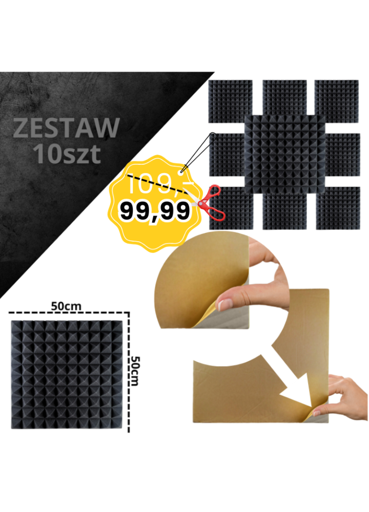 DNA AM2 BK panel akustyczny zestaw 10 szt. czarny samoprzylepna pianka mata wygłuszająca redukcja echa pogłosu