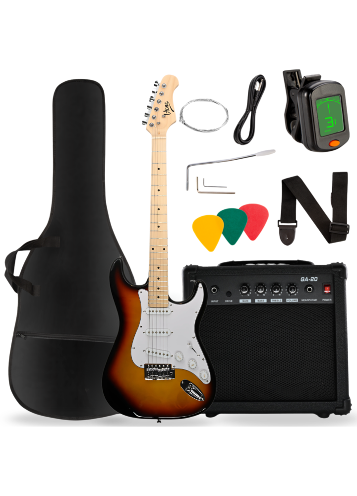 V-TONE EGA 39 SB gitara elektryczna 4/4 stratocaster 39" SSS wzmacniacz pokrowiec pasek przewód jack-jack tuner kostki do gry struny ramię tremolo klucze imbusowe zestaw