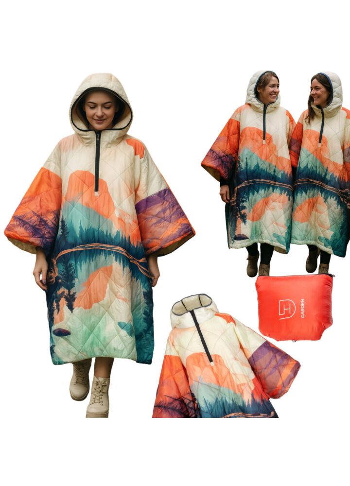 DH Garden Poncho Czerwona Rzeka 145x115 cm kurtka płaszcz peleryna z kapturem duża kieszeń na zamek