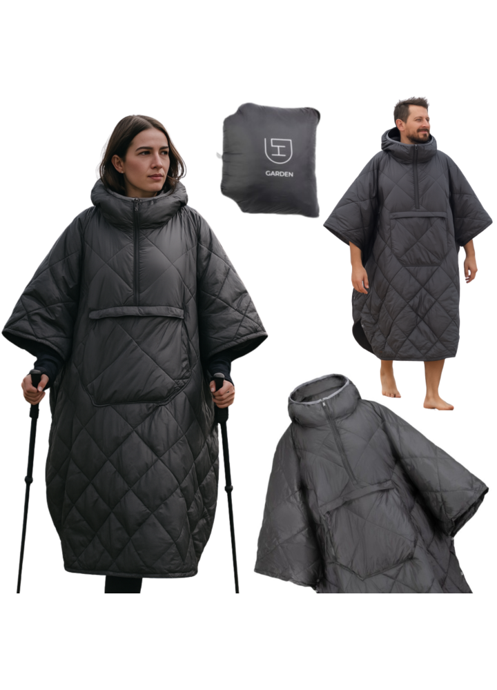 DH Garden Poncho Black 145x115 cm kurtka płaszcz peleryna z kapturem duża kieszeń na zamek czarna
