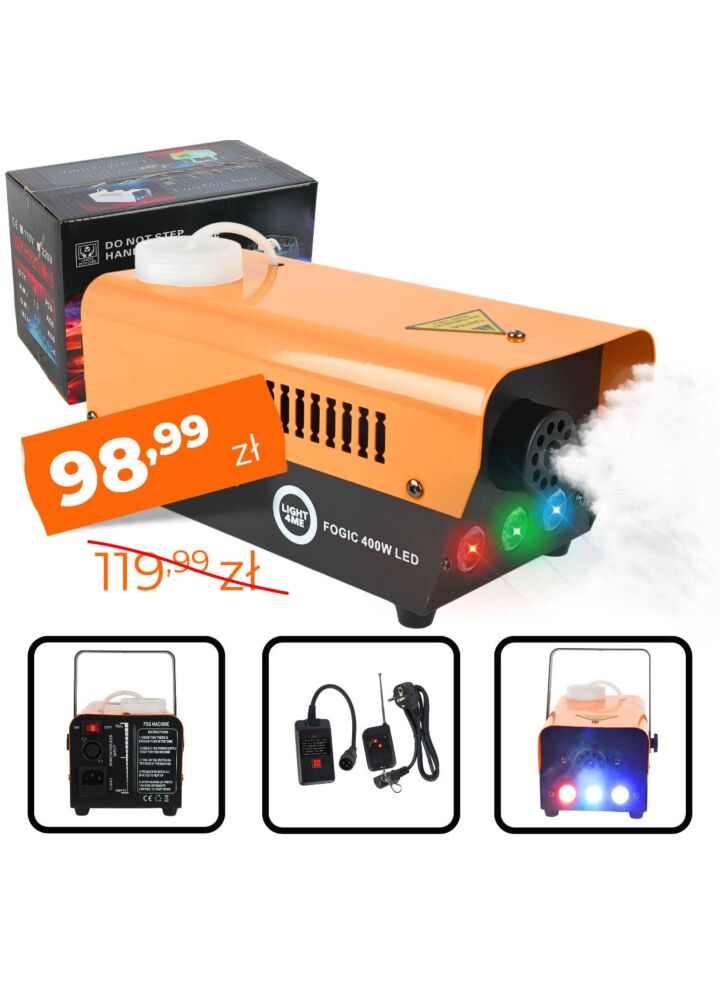 LIGHT4ME FOGIC 400W LED generator wytwornica dymu mgły efekt świetlny RGB pilot bezprzewodowy kontroler przewodowy uchwyt montażowy