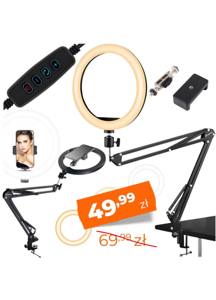 SUPRIMO DLS ramię statyw biurkowy lampa pierścieniowa LED USB uchwyt na smartfon kontroler przewodowy