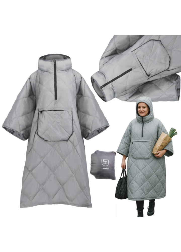 DH Garden Poncho Light Grey 145x115 cm kurtka płaszcz peleryna z kapturem duża kieszeń na zamek jasnoszara