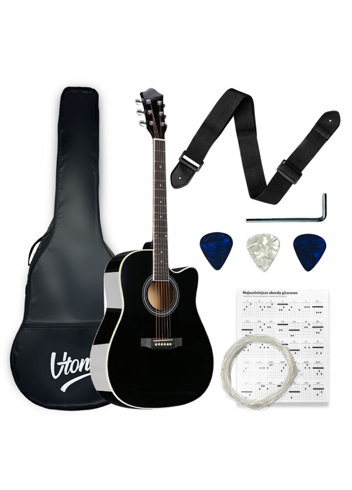 V-TONE AG TWO BK acoustic guitar 4/4 black to learn for beginners picks strap spare strings cover chords adjustment key set
