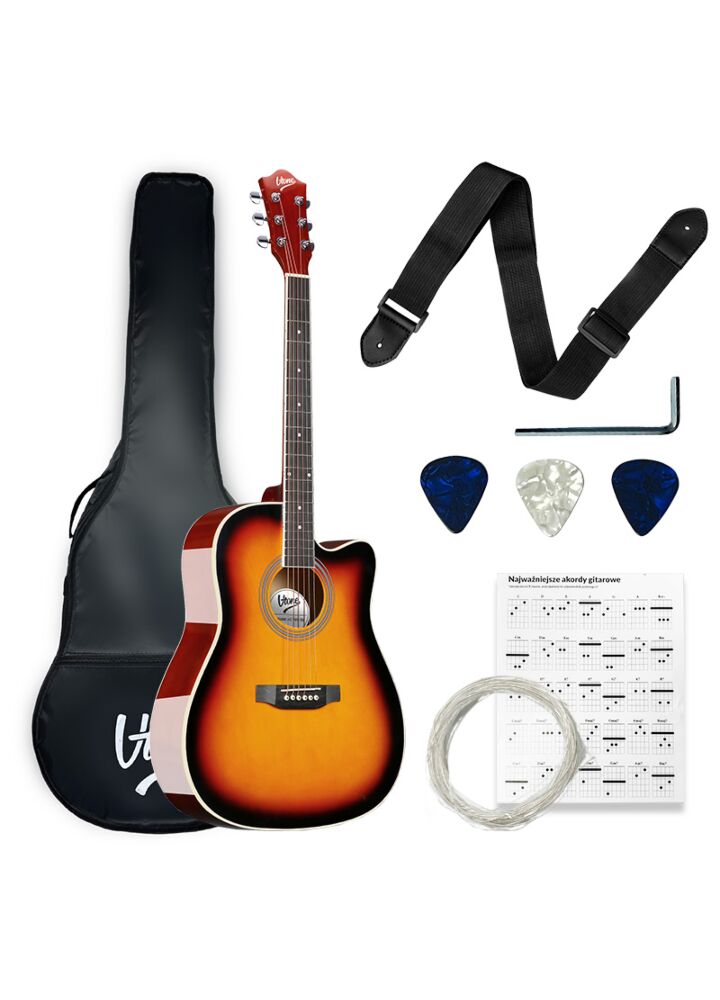 V-TONE AG TWO SB acoustic guitar 4/4 sunburst to learn for beginners picks strap spare strings cover chords adjustment key set