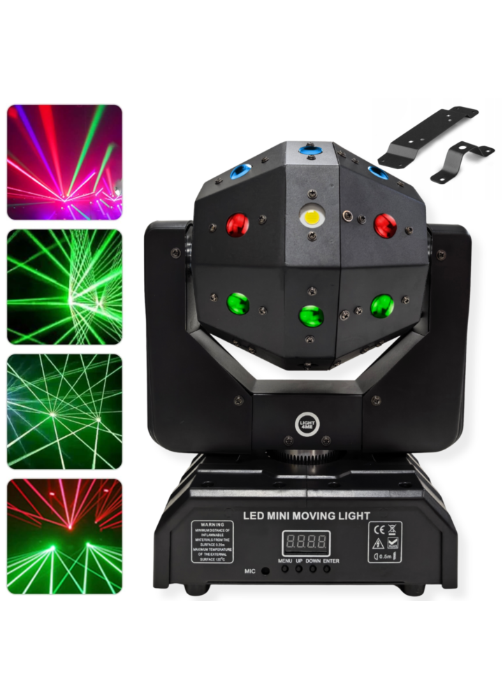 LIGHT4ME ATLAS ruchomy multiefekt świetlny 4w1 LED DMX beam biały stroboskop 16x3W R/G/B/W + 4x15W W LED + 2x100mW laser czerwony +2x50 mW laser zielony uchwyt montażowy