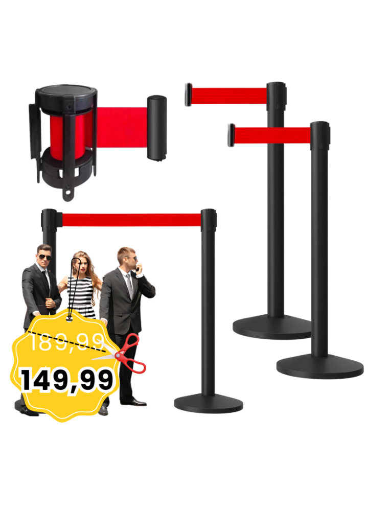 NN RCB 1 solidny czarny słupek odgradzający zestaw 2 szt. czerwona taśma barierka kolejkowa VIP