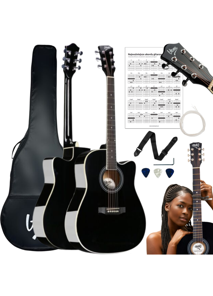 V-TONE AG TWO BK gitara akustyczna 4/4 czarna do nauki dla początkujących kostki pasek zapasowe struny pokrowiec akordy klucz regulacyjny zestaw