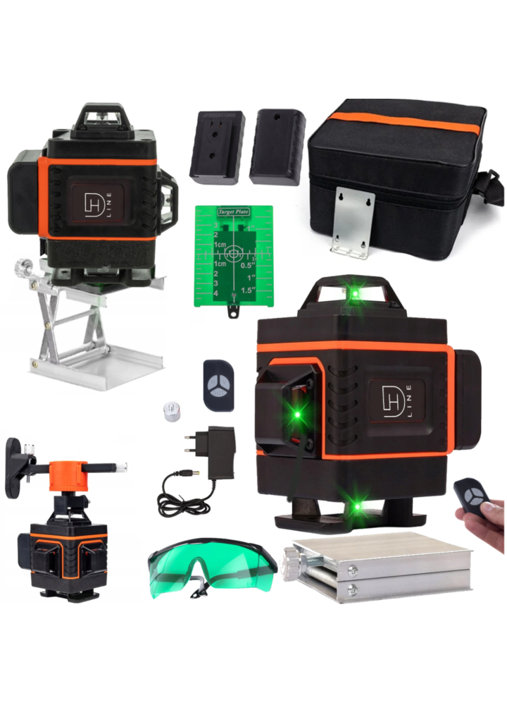 DH Line L4D poziomica laserowa 4D samopoziomująca 16 liniowa laser krzyżowy pilot bezprzewodowy 2x akumulator winda uchwyt montażowy adapter statywu tarcza celownicza okulary pokrowiec zestaw