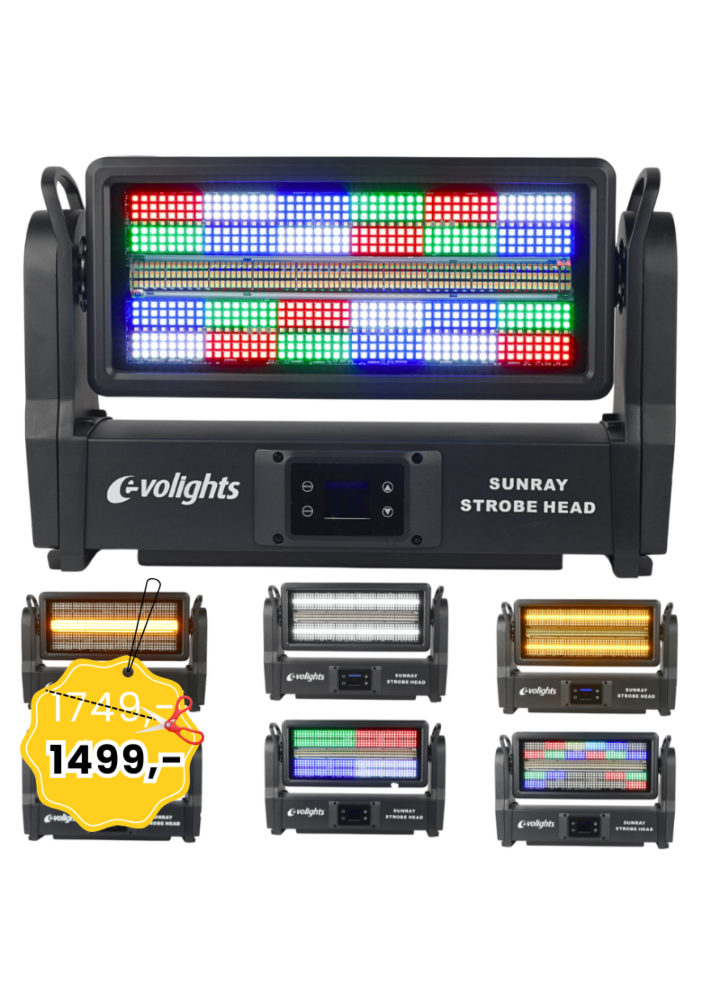 EVOLIGHTS SUNRAY STROBE HEAD ruchomy stroboskop sceniczny IP65 oświetlenie LED efekt świetlny 576x0,2W RGB SMD 5050+336x1W CW/A SMD 3030 2x uchwyt montażowy omega