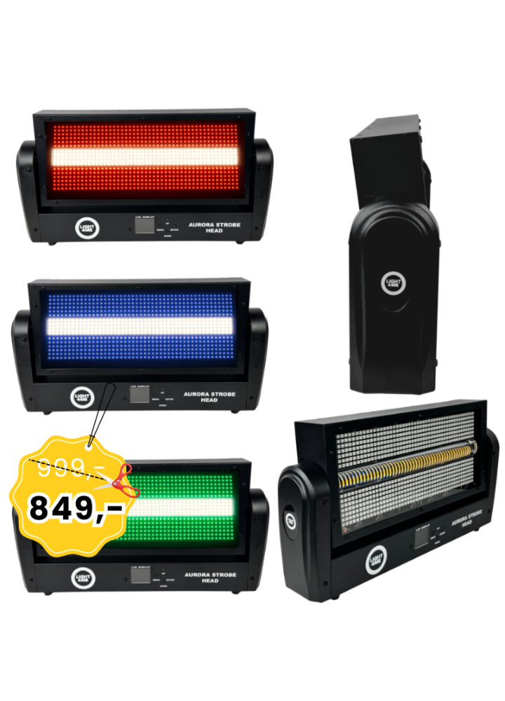 LIGHT4ME AURORA STROBE HEAD ruchomy stroboskop sceniczny oświetlenie LED efekt świetlny 672x0,2W RGB SMD5050+144x1W WW SMD3030 2x uchwyt montażowy omega