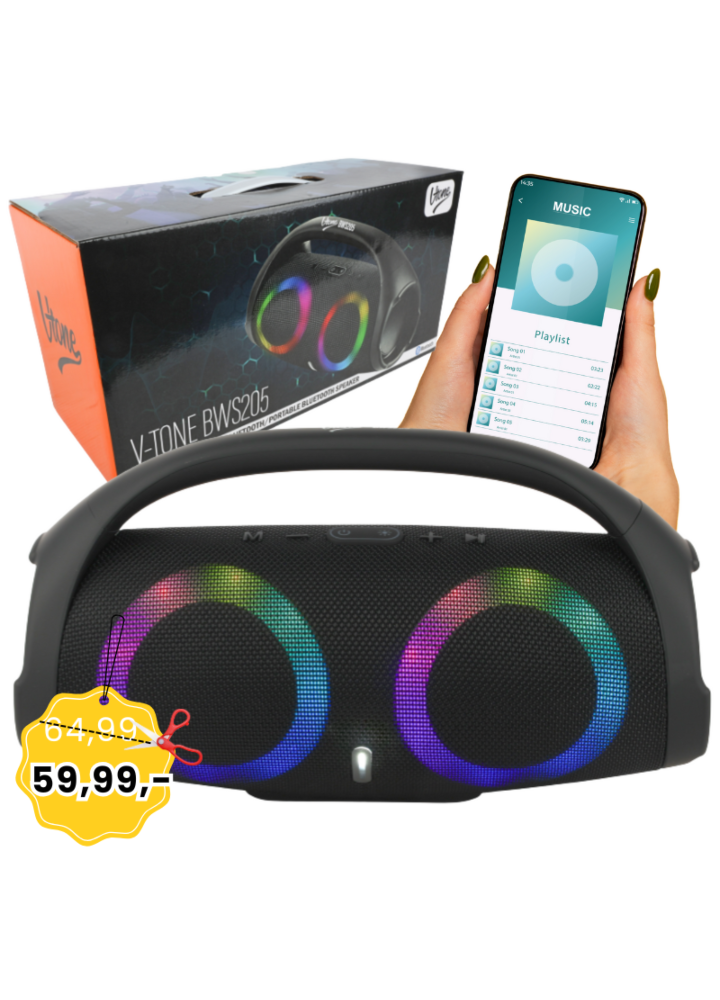 V-TONE BWS205 BK głośnik Bluetooth bezprzewodowy przenośny czarny akumulatorowy USB microSD AUX MP3 FM 2x5W
