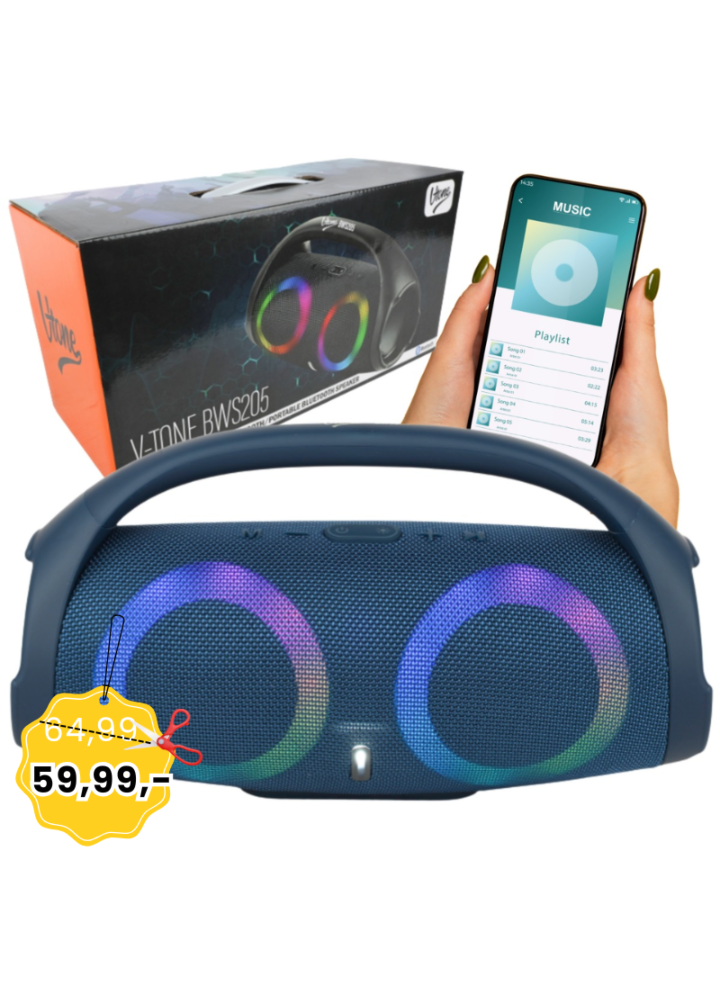 V-TONE BWS205 BL głośnik Bluetooth bezprzewodowy przenośny niebieski akumulatorowy USB microSD AUX MP3 FM 2x5W
