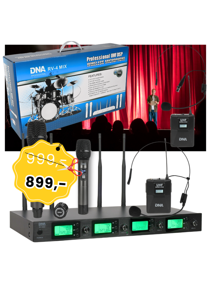 DNA RV-4 MIX mikrofon bezprzewodowy 2x nadajnik doręczny 2x nadajnik nagłowny + bodypack odbiornik zestaw UHF 518-542 MHz  
