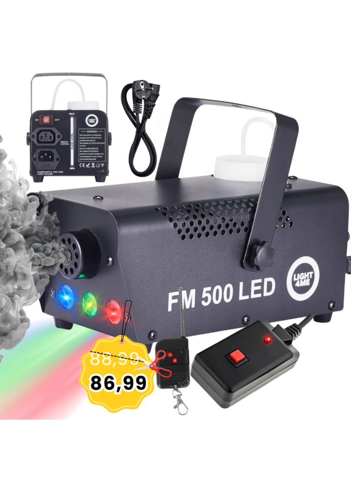 LIGHT4ME FM 500 LED V2 wytwornica dymu mgły pilot bezprzewodowy kontroler przewodowy 500W efekt świetlny 3x1W RGB